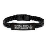 Funny Civil Engineer Gifts for Men, Christmas Unique Presents for Him, Interlaced Leather Bracelet with Stainless Steel and PU Leather, 'Keep Calm Or I Will Use My Civil Engineer Voice' - Image 1